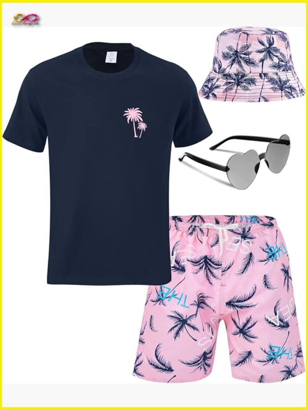 Men's 4 Piece Hawaiian Vacation Outfit Set - Shirt Shorts Hat Sunglasses
